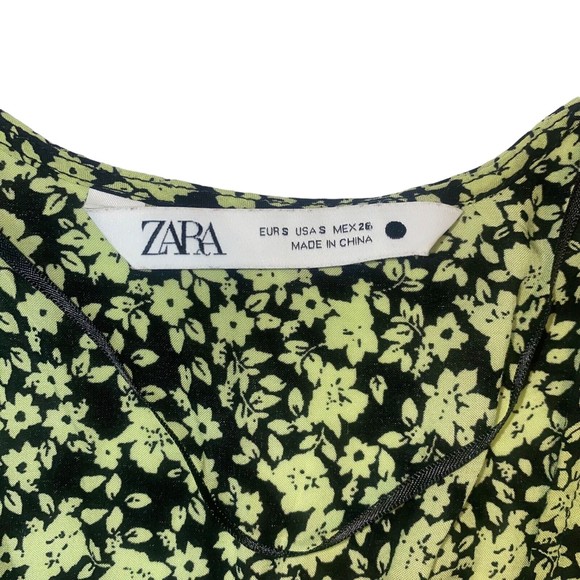 Zara Ditsy Floral Print Flowing Tiered V Neck Mini Dress Black Green Small - Picture 8 of 13